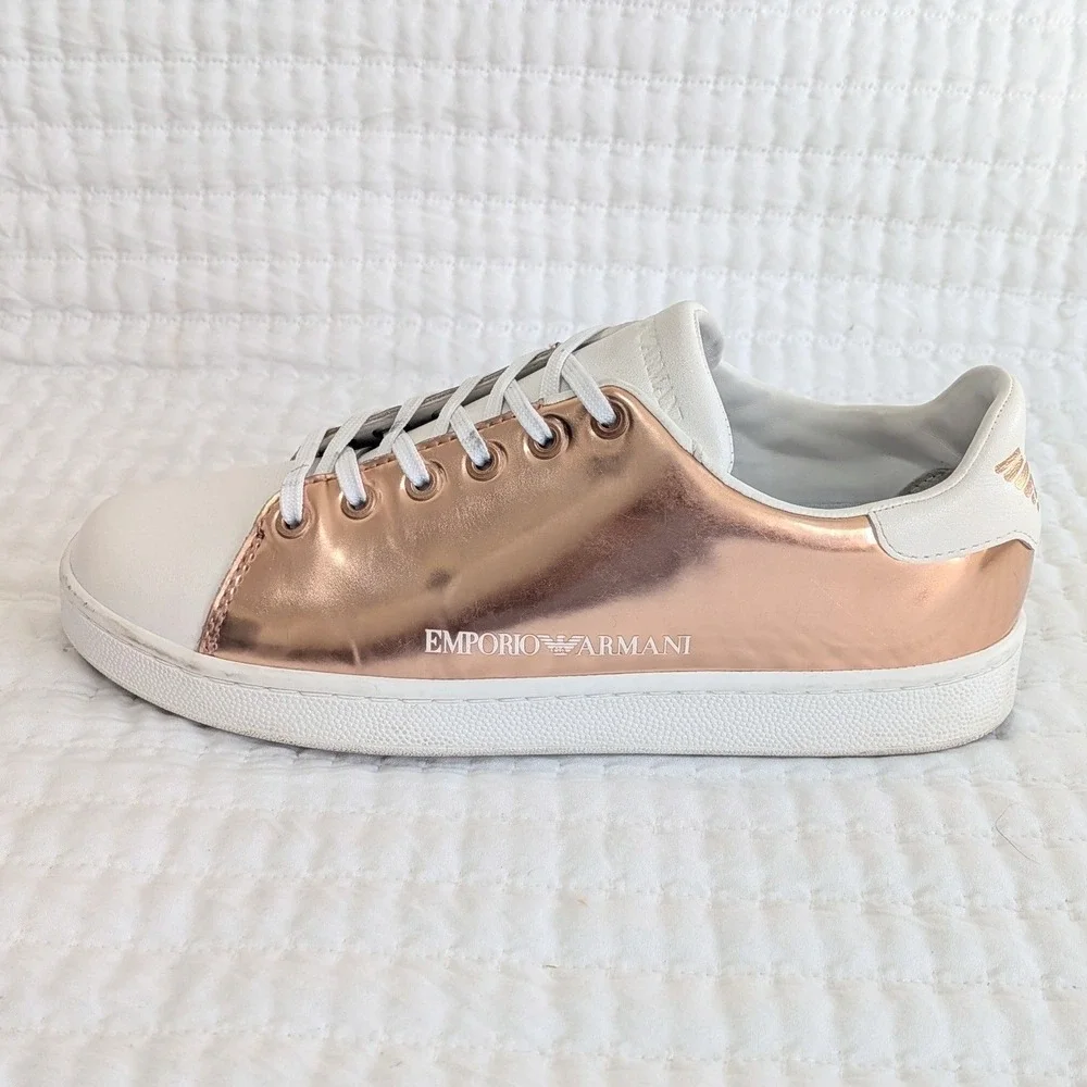 Emporio Armani Logo Print Lace Up Leather Casual Sneakers‎ Rose Gold White US 6
